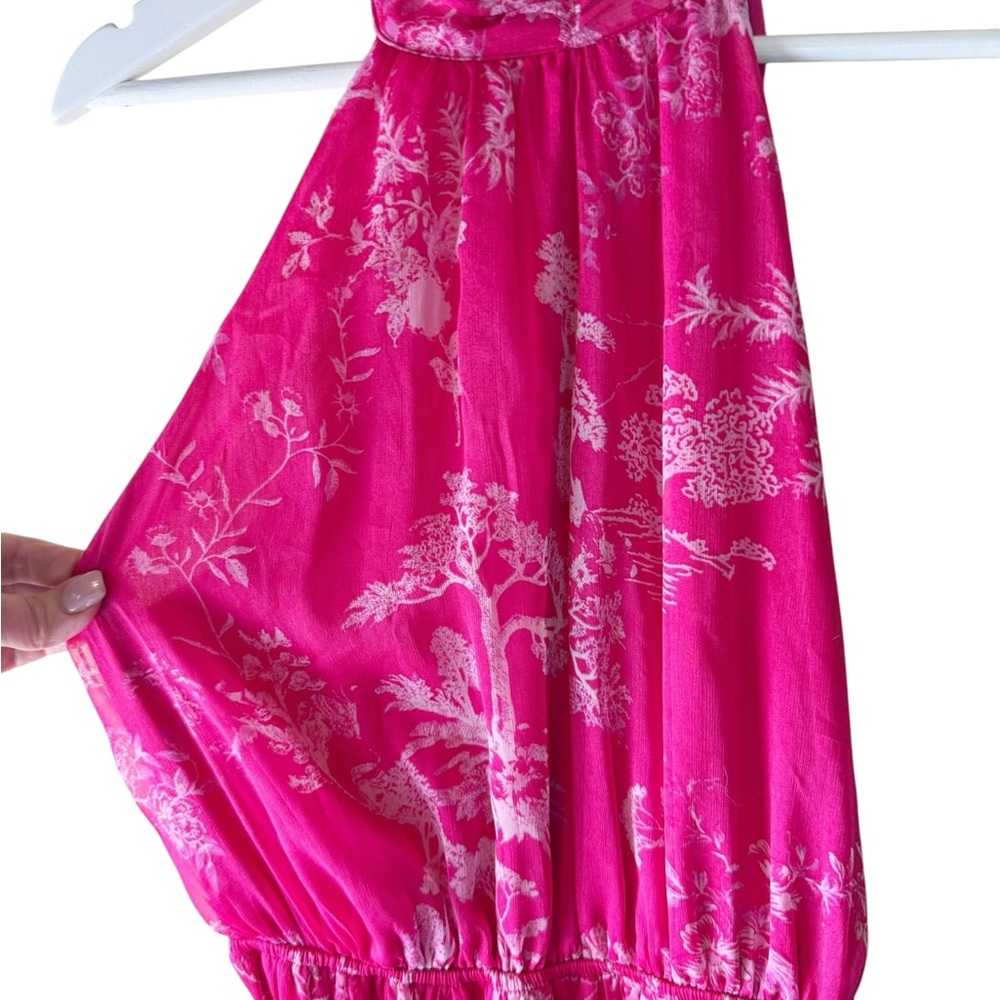 Lulus Float to You Hot Pink Floral Print Halter-Neck Tiered Midi Dress S Wedding - Picture 5 of 10